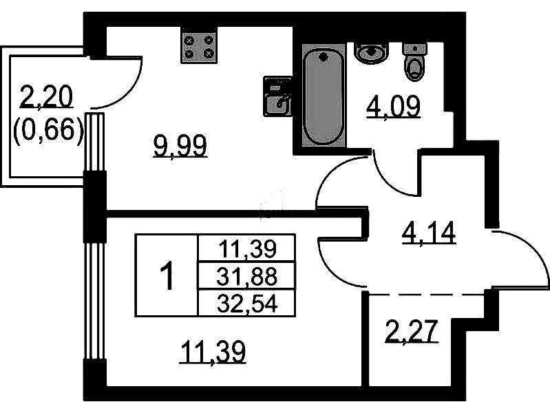1-комнатная квартира 32.54 м², 3/15 эт., ЖК «Невская Долина»